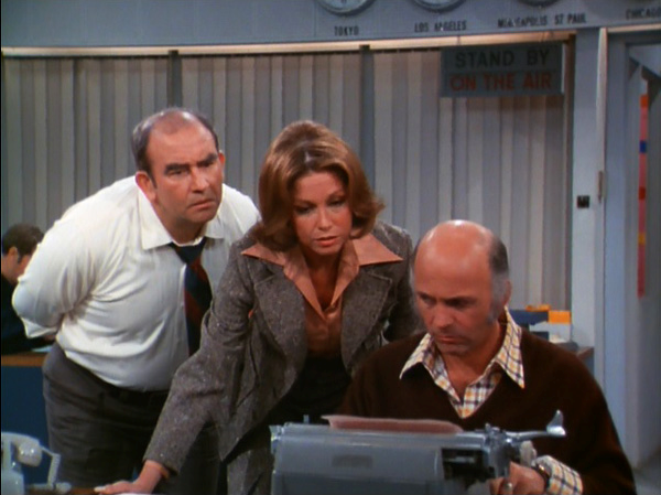 Lou Grant, Mary Richards, and Murray Slaughter in WJM Newsroom