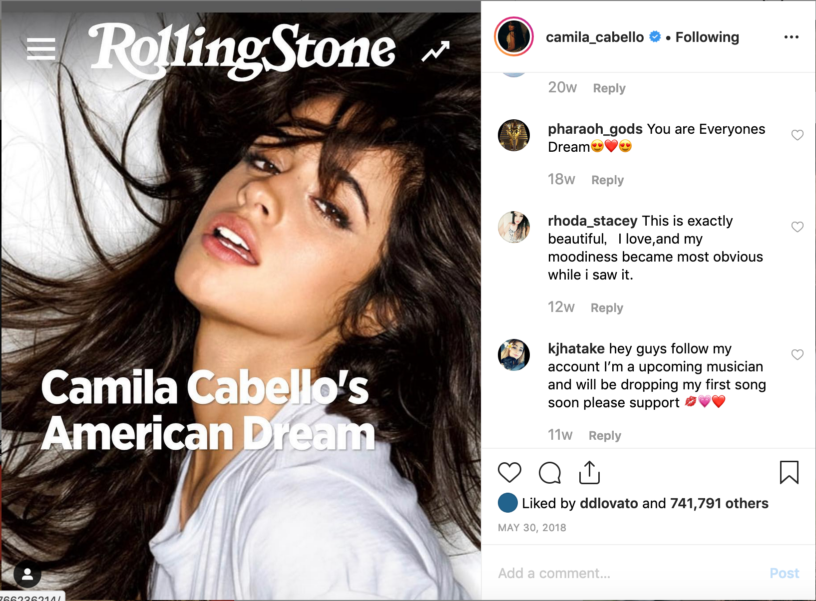 Camila shares her Rolling Stone Cover Story on Instagram