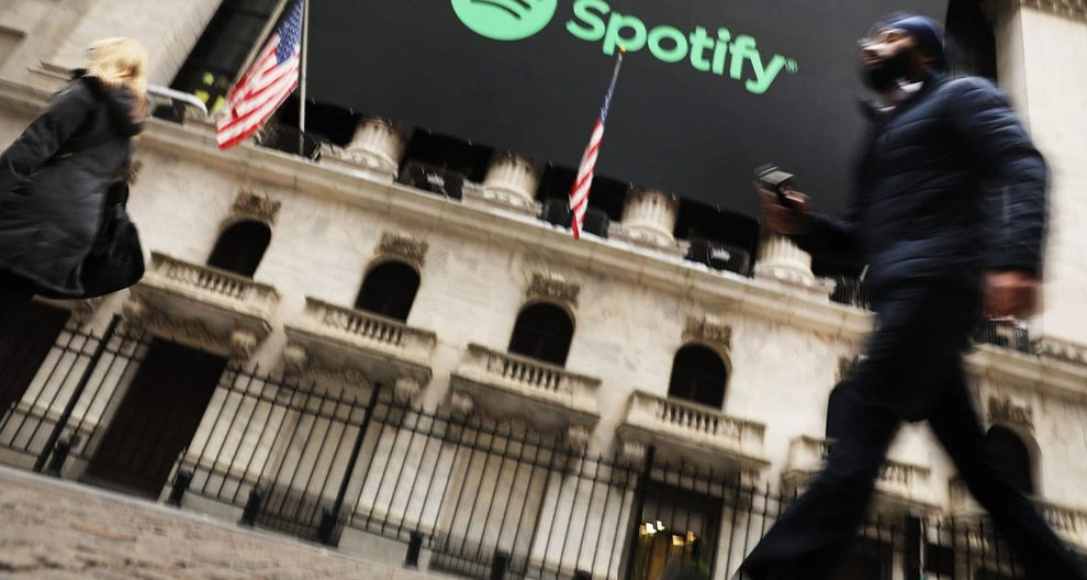 Spotify banner outside NYSE on opening day