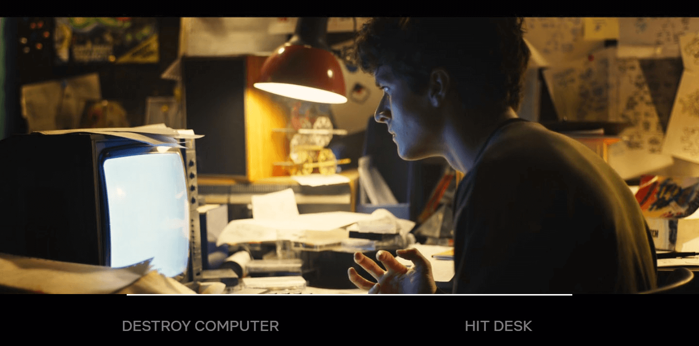 Still from Bandersnatch with the option to destroy computer or hit desk
