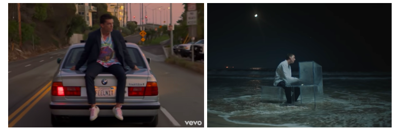 LANY’s Paul Klein in two 2018 videos by Isaac Ravishankara. “Thick and Thin” (left) is based on Ravishankara’s concept and “Malibu Nights” (right) on Klein’s.