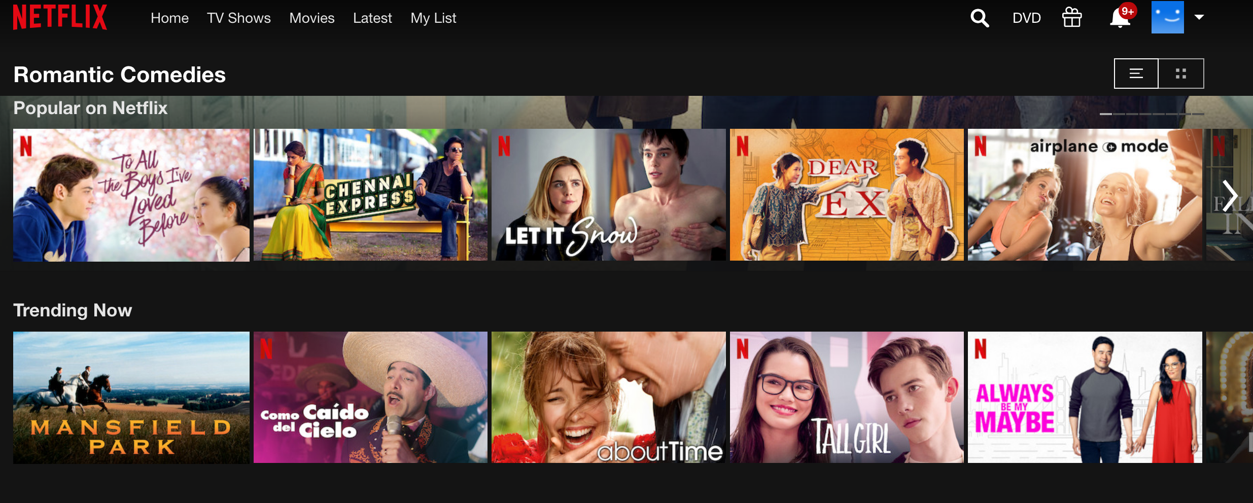 Author's screenshot of the Romantic Comedy category on Netflix