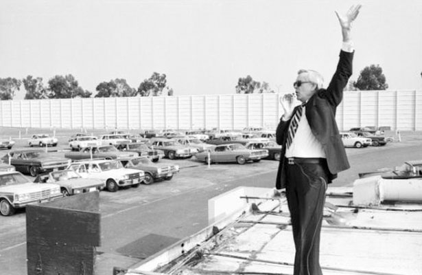 Pioneer of drive-in church services, Rev. Robert Schuller, at the Orange Drive-in Theatre, 1978