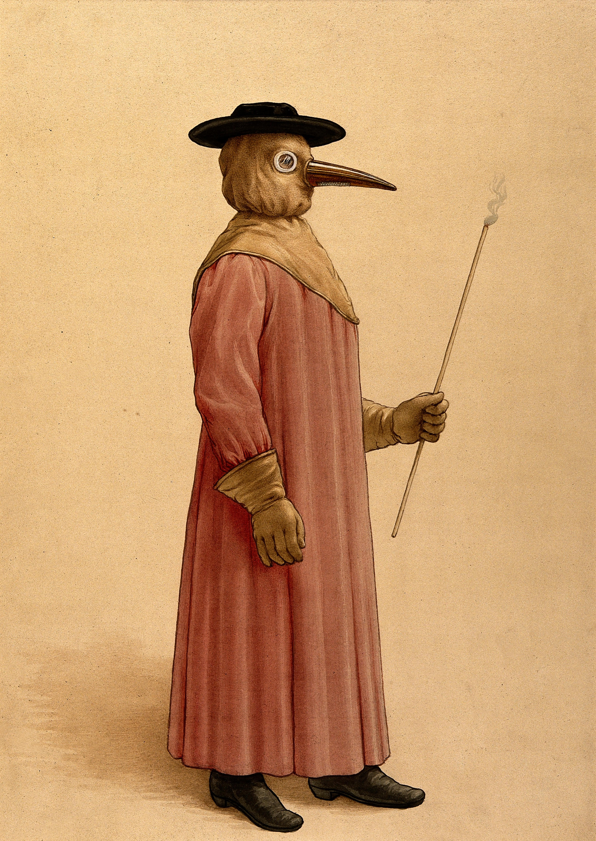 A physician wearing a seventeenth century plague preventive costume, 17th century