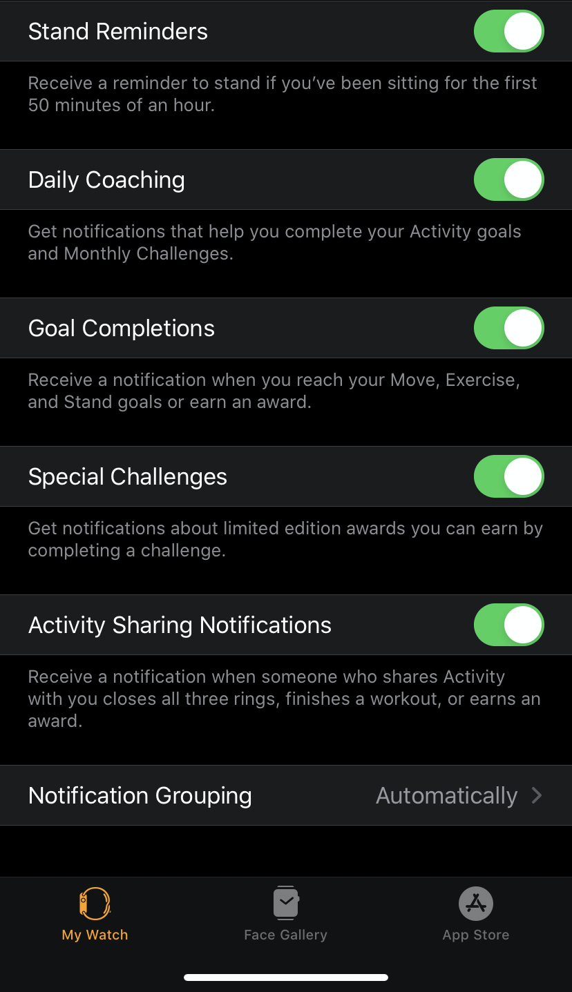 The notification settings for my Activity app.