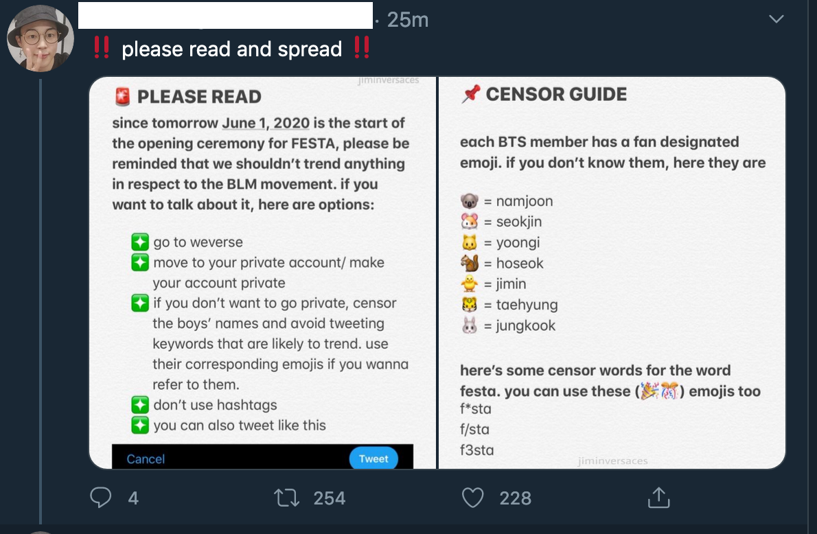 a BTS fan tweeting advice on how to censor content about BTS during Festa