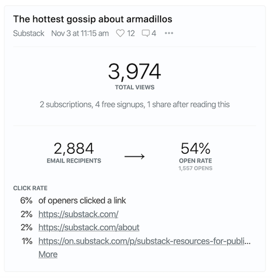 A sample Substack page entitled The Hottest Gossip about Armadillos