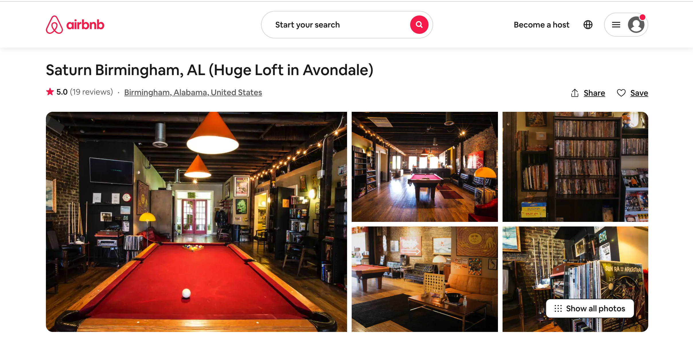 The Airbnb listing for the Saturn Birmingham musicians' loft.