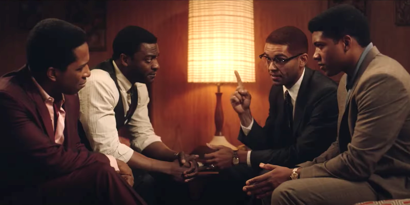 Leslie Odom Jr. (as Sam Cooke), Aldis Hodge (as Jim Brown), Kingsley Ben-Adir (as Malcolm X), and Eli Goree (as Cassius Clay) in One Night in Miami