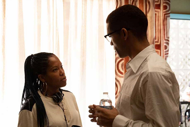 Regina King with Kingsley Ben-Adir on set