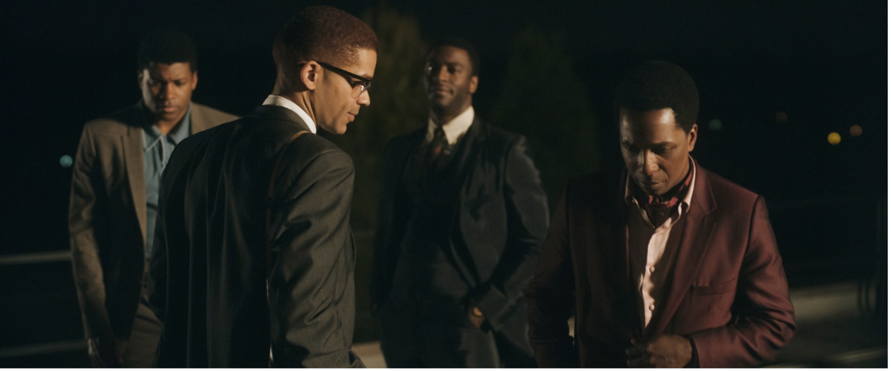 Kingsley Ben-Adir (as Malcolm X) with Leslie Odom Jr. (as Sam Cooke) in the foreground, and Eli Goree (as Cassius Clay) with Aldis Hodge (as Jim Brown) in the background