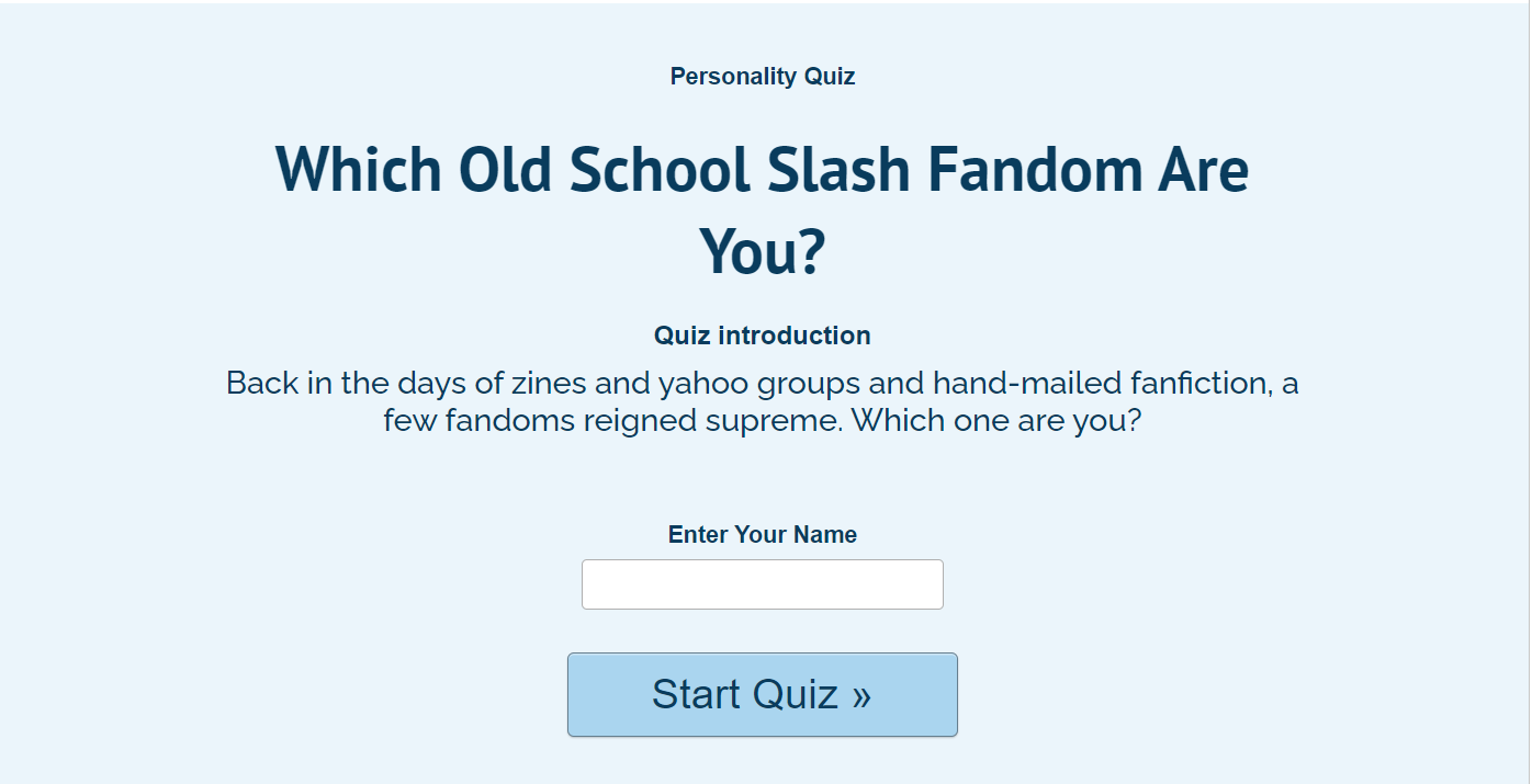 Screenshot of personality quiz “Which old school slash fandom are you?