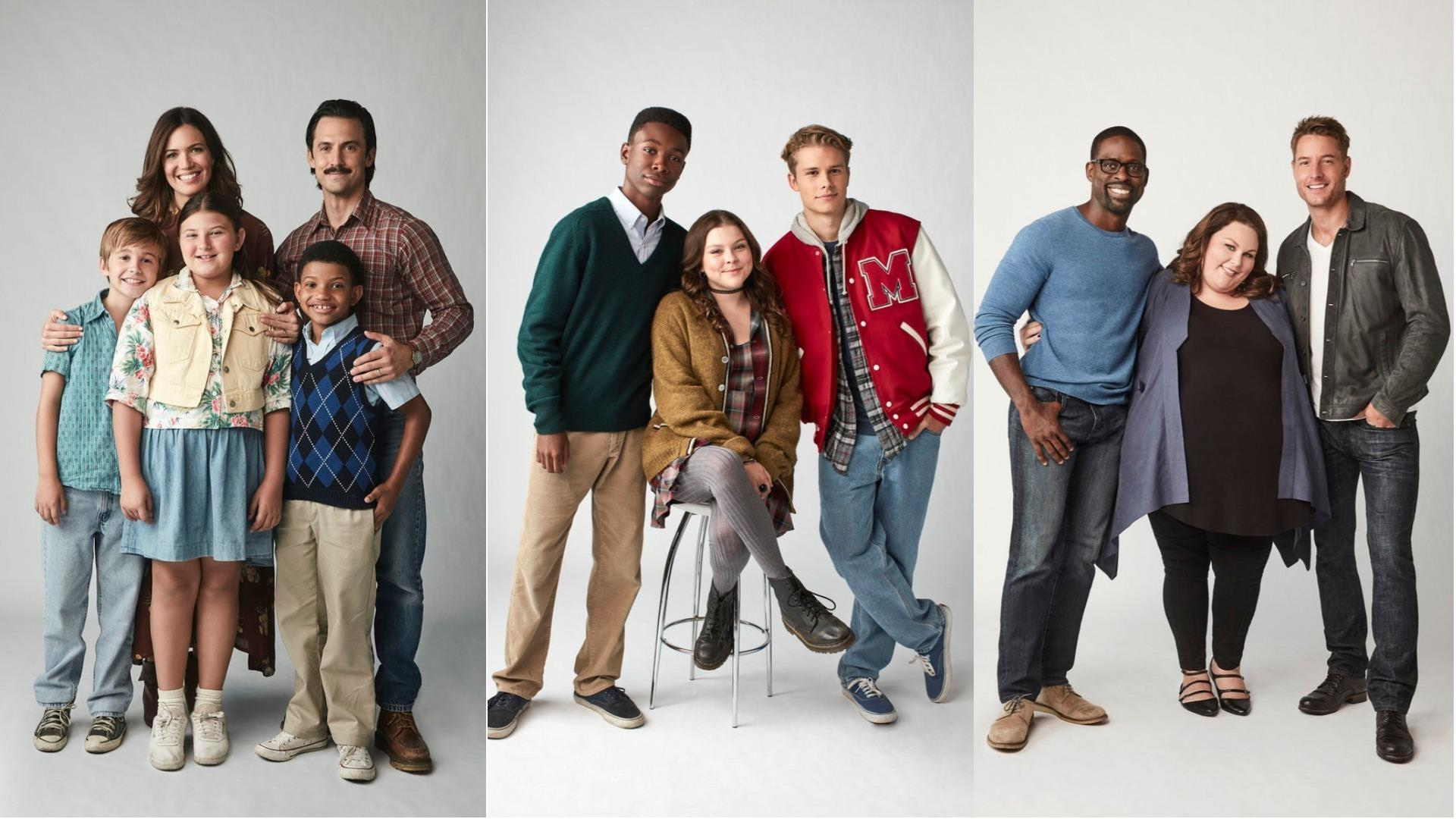 Three photos of This is Us actors side by side. On the left, the two white parents, a white son and daughter, and a black son, in the middle panel, the teenage actors who portray the three child characters, and on the right, the three adult actors who play these characters.