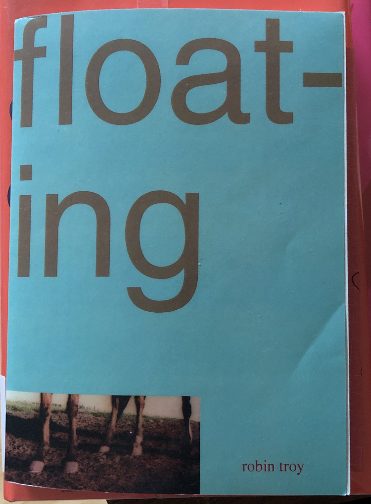 Blue cover of a book with the text float- and ing broken up into two lines. At the bottom of the cover is a photo of a horse's legs and the author's name, robin troy.