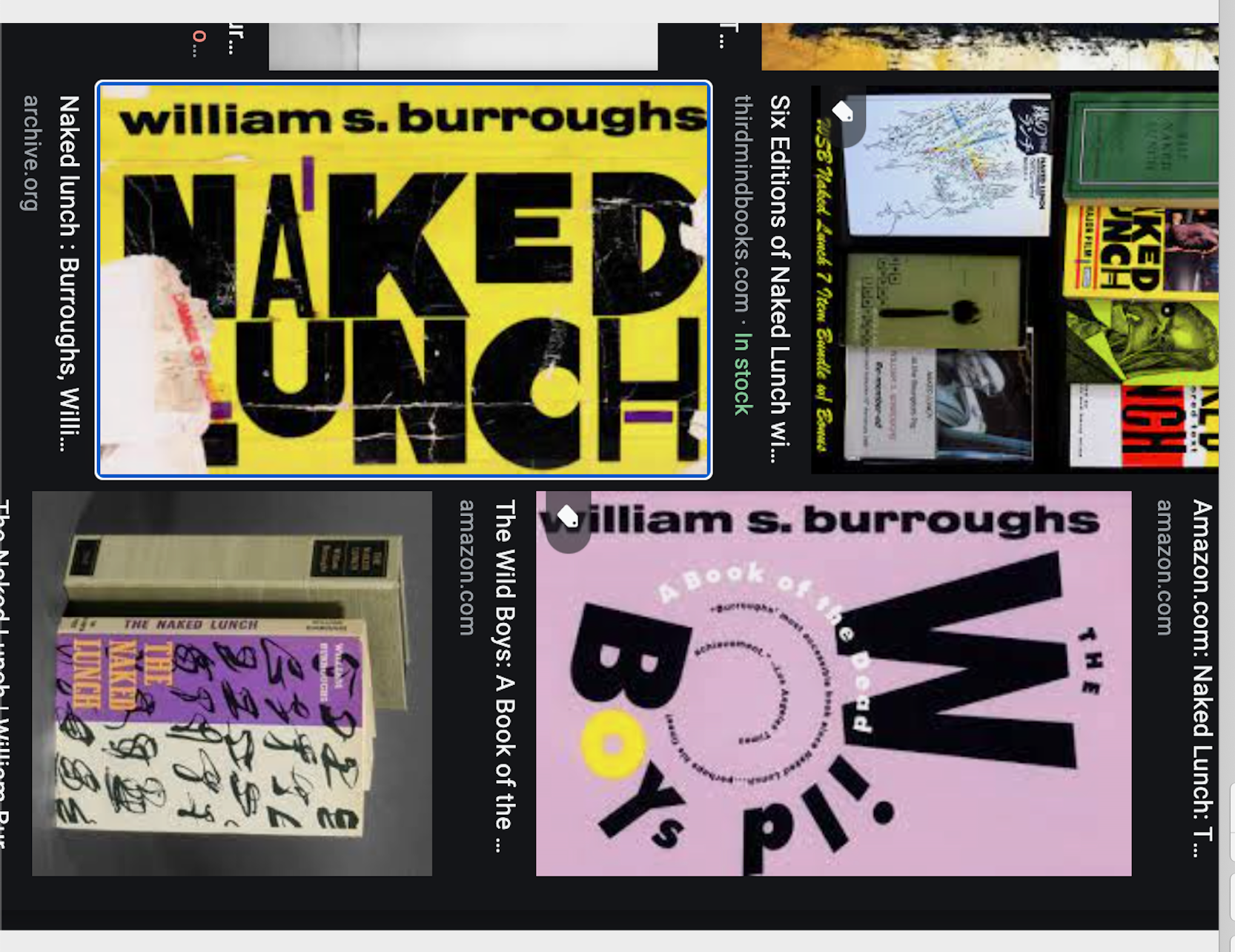 A screengrab of the cover of a book called William S. Burroughs' Naked Lunch as well as other versions of the cover visible.