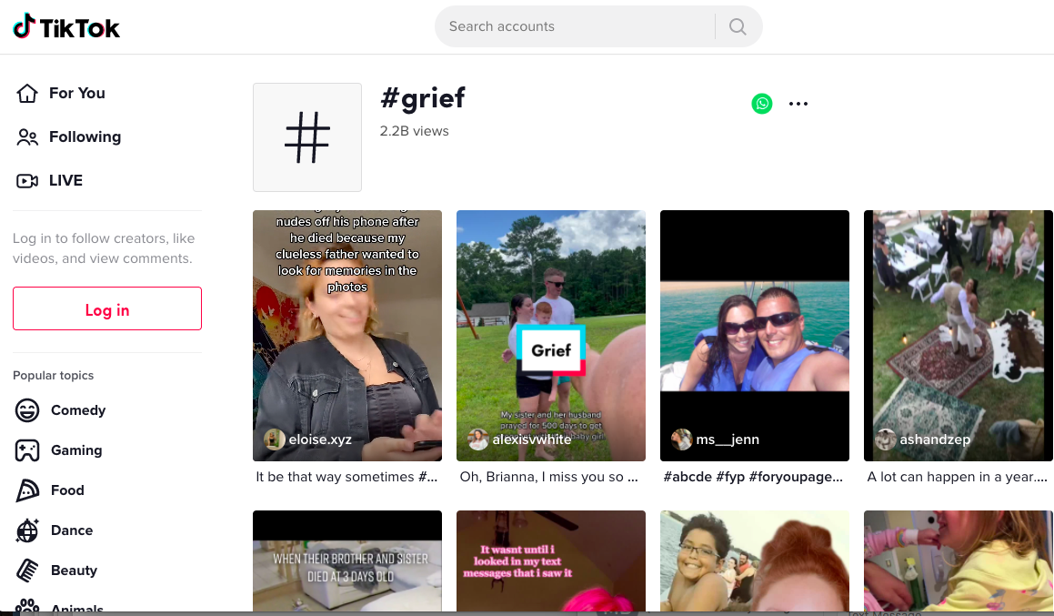 Screenshot of #grief browser search on TikTok