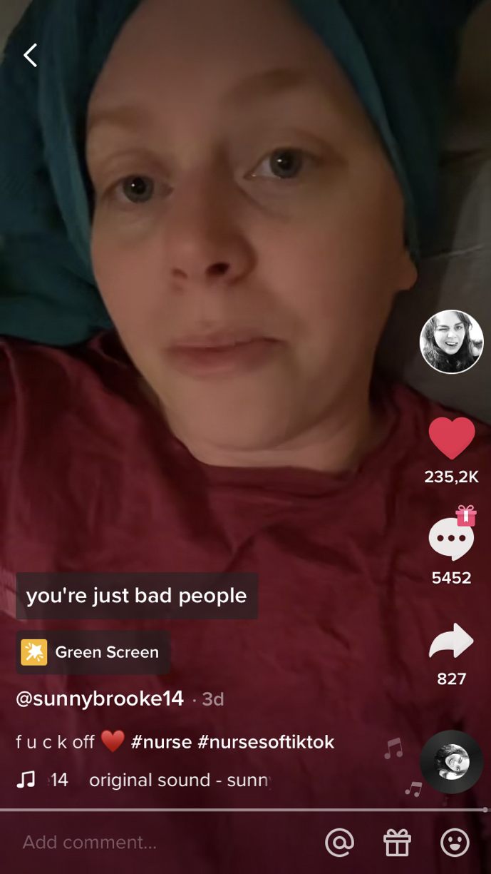 sunnybrooke14 wears a towel on her head and addresses the camera in close up, text reads: you're bad people