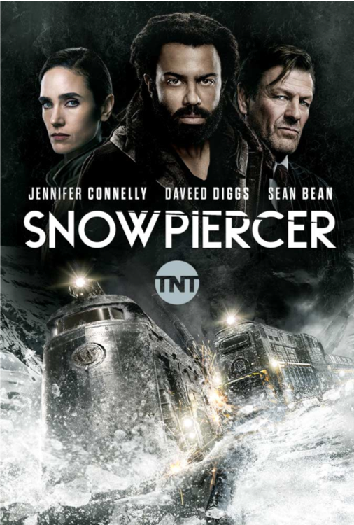 Snowpiercer poster with the lead characters and the train driving through the snow