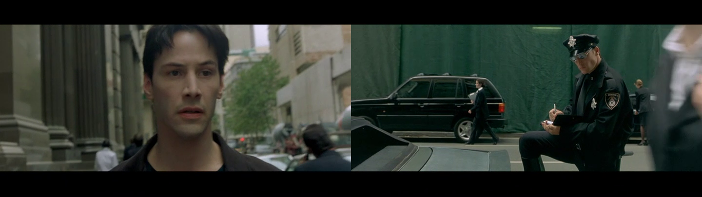 Two frame grabs: Neo looks at a police officer / the police officer looks at Neo