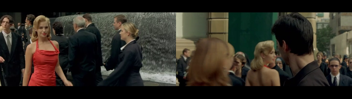 Two frame grabs: a woman in a red dress locks eyes with Neo as she walks past / Neo's head turns to follow her path