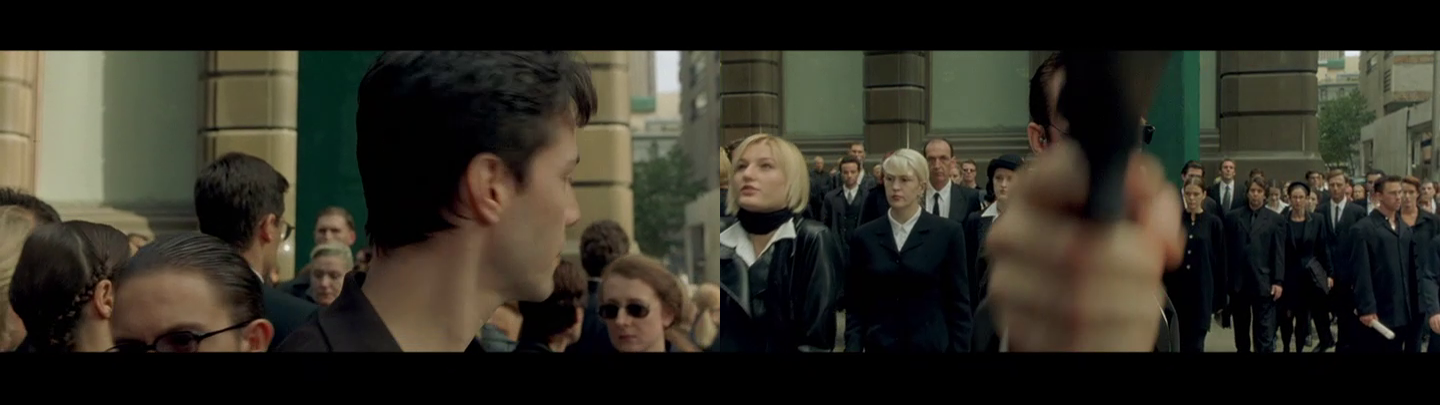 Two frame grabs: Neo turns to look behind him / Agent Smith points a gun straight at the camera