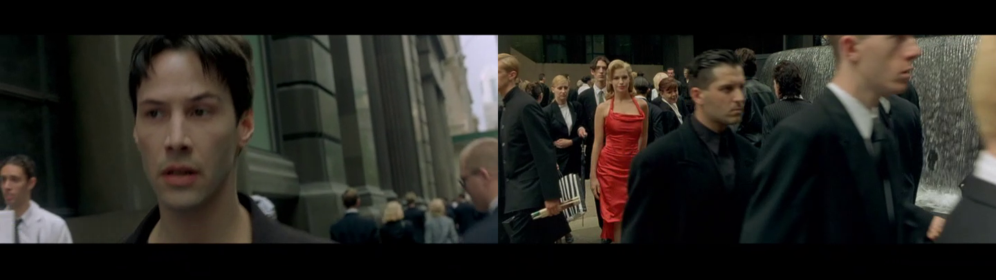 Two frame grabs: Neo looks off camera / the woman in the red dress