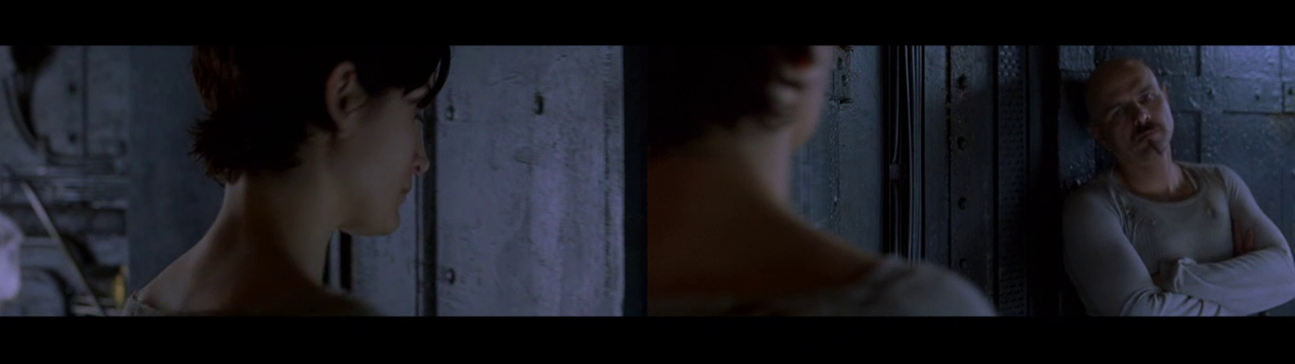 Two frame grabs: Trinity from behind / Trinity from behind in the foreground, Cypher facing the camera