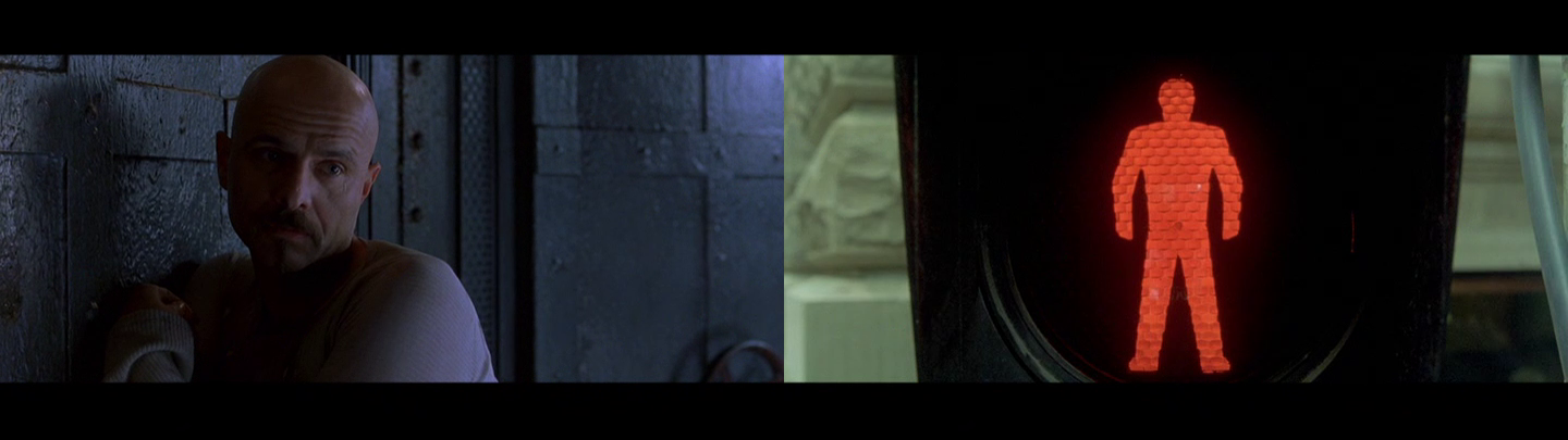 Two frame grabs: Cypher looks at something off-screen / a 