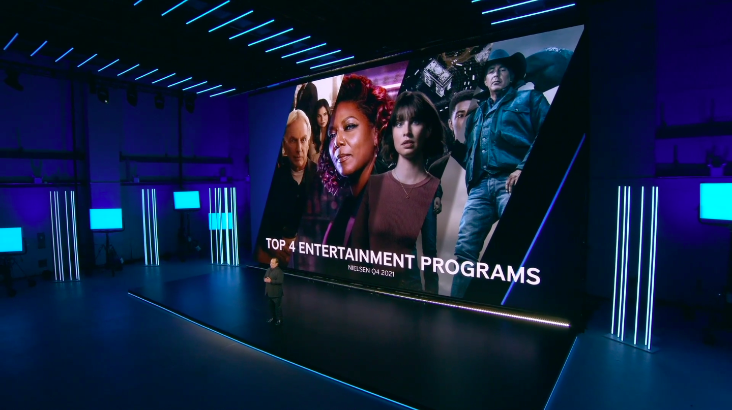 Paramount Global CEO Robert Bakish standing in front of a large screen on a stage at Paramount's 2022 investor event with Paramount’s top-rated television programs on a large screen behind him.