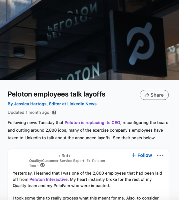 A screenshot of a page on LinkedIn with the headline Peloton employees talk layoffs.