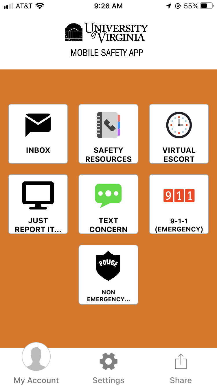 Mobile screenshot of UVA's mobile safety app, showing its media systems