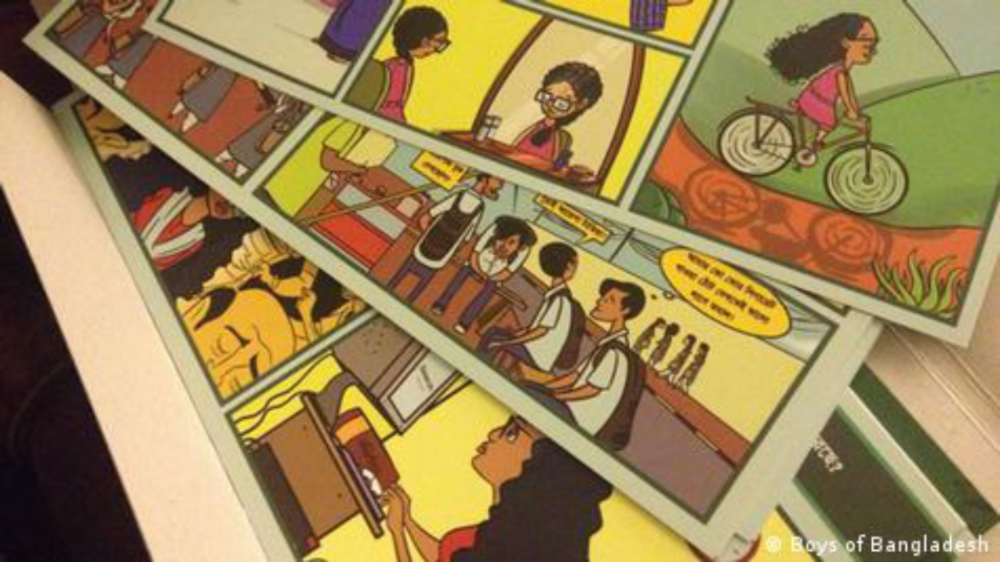 Three comic strip flashcards stacked on top of each other of a Bangladeshi girl sitting in front of a mirror, riding a bicycle, typing on a computer, and in a crowd of people.