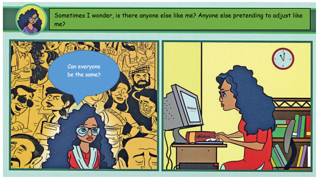 Comic strip of an older Bangladeshi girl questioning Bengali normative social constructions and sitting at a computer.