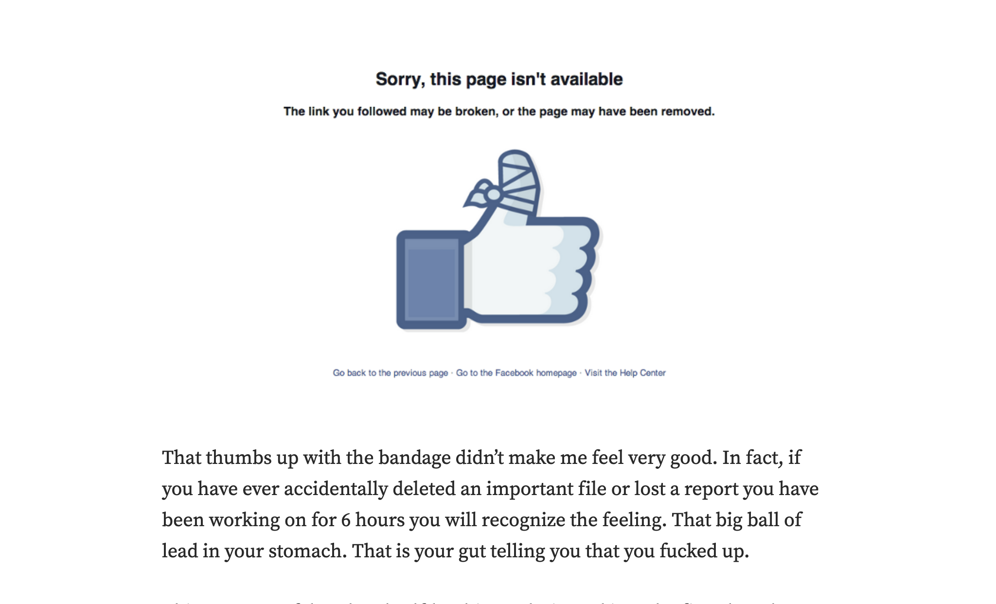 Facebook Screenshot of “Sorry, this page isn’t available.”