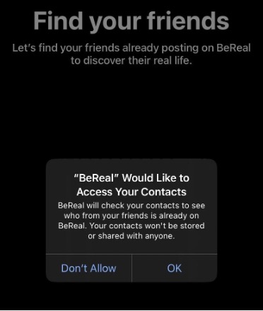 A screenshot from the registration screen asking if the user wants let BeReal access Contacts.