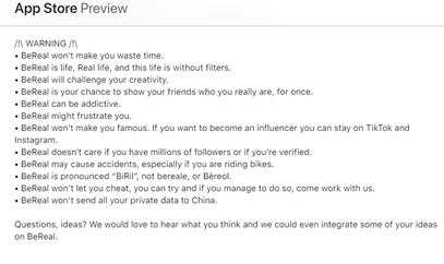 Preview of the BeReal app on the Apple App Store.