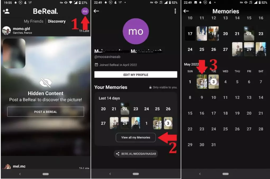 Screenshot of BeReal's private memories calendar, which shows images lined up to a calendar.