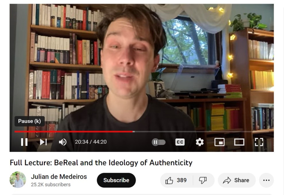 Screenshot of Julian de Medeiros’s YouTube lecture on BeReal and the ideology of authenticity.