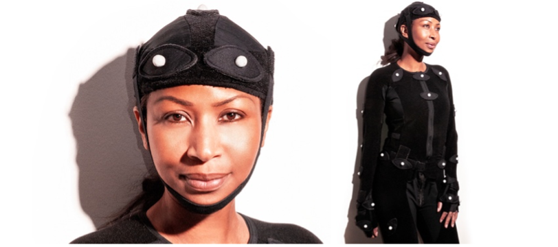 Figure 3d. A headshot and full body profile shot of a omwn in a full body motion capture suit.