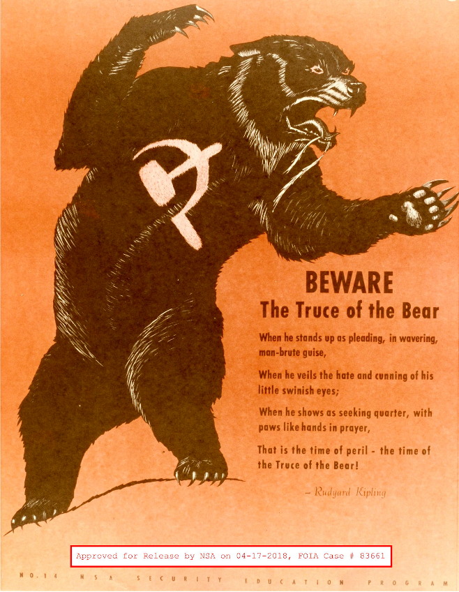 NSA poster featuring the slogan Beware the Truce of the Bear and a quote from Rudyard Kipling beside a graphic of a bear with hammer and sickle on its fur