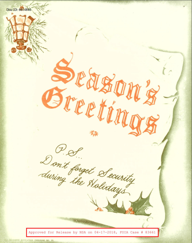 NSA poster featuring a Seasons Greetings card that reminds its recipients not to forget security during the holidays