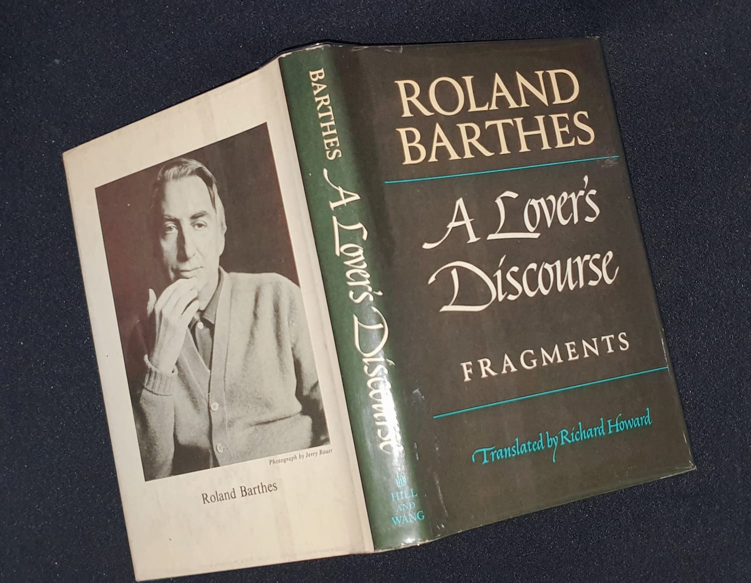 Hardcover copy of A Lover’s Discourse, featuring portrait of Barthes on the back