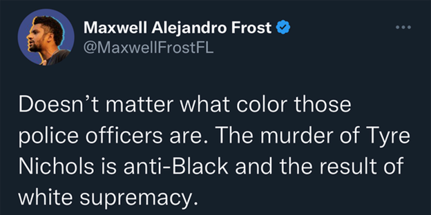 A since-deleted tweet by Florida State Representative Maxwell Frost after the death of Tyre Nichols.