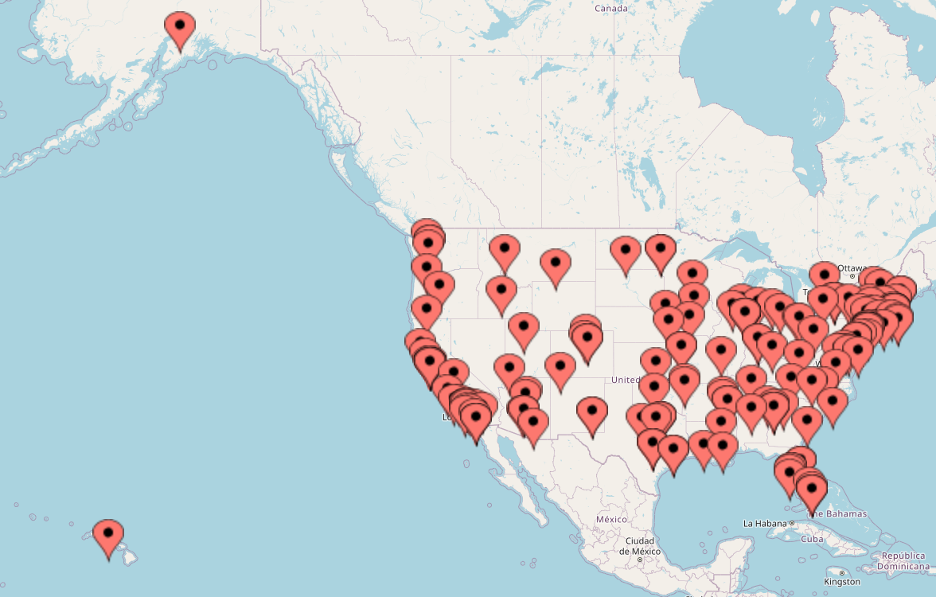 Map of the United States, including Hawai'i and Alaska, with about 230 red flags throughout the country, marking each regional American film nonprofit