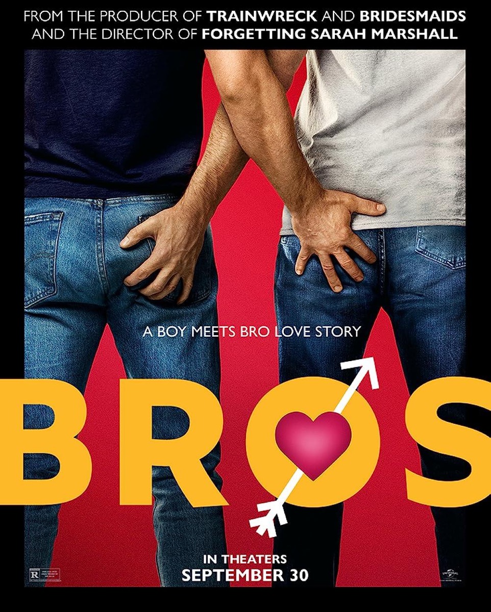 Poster for the film Bros. A behind view of two men grabbing each others butts.