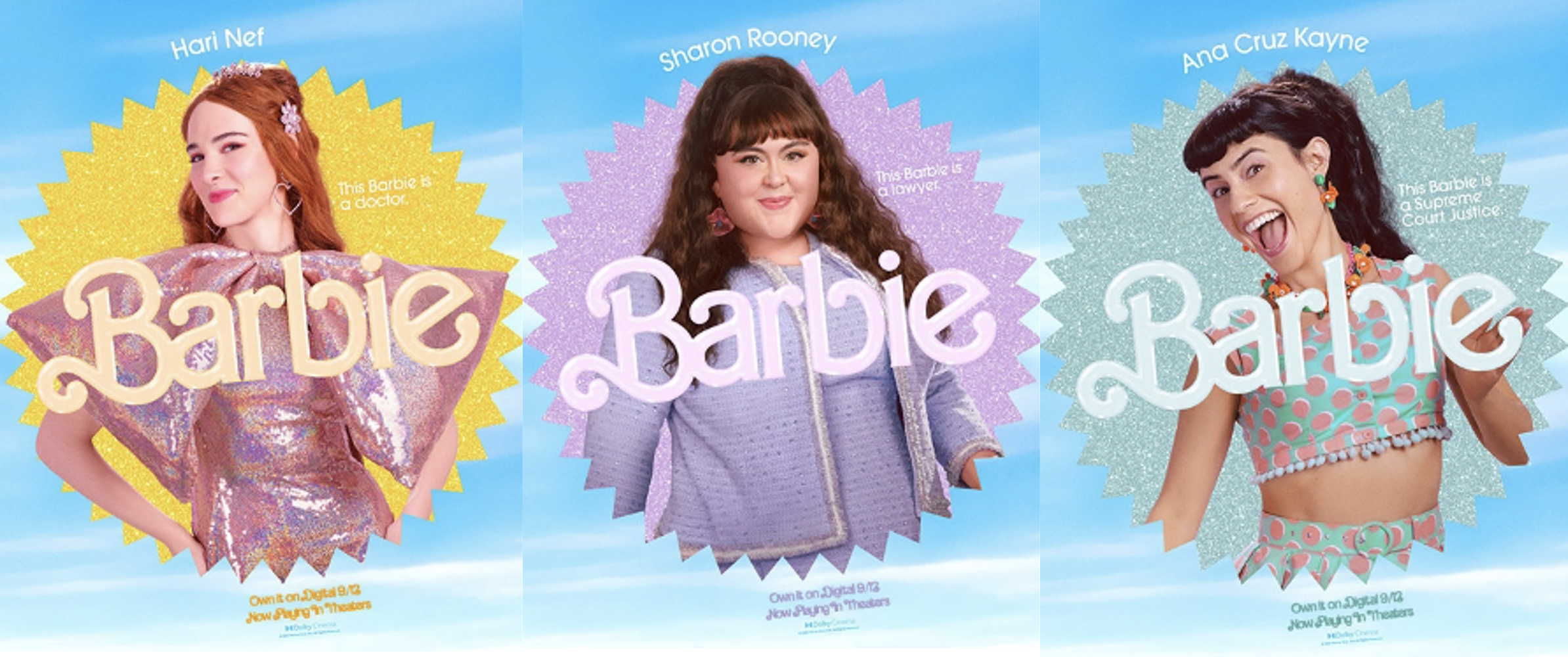 Three character posters featuring Doctor Barbie, Lawyer Barbie, and Supreme Court Justice Barbie respectively