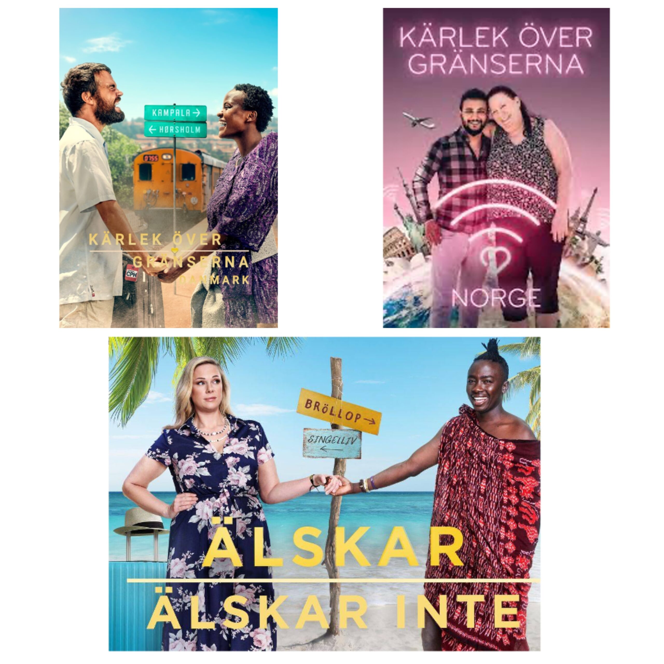 Posters for three different Scandinavian 'love migration' shows.