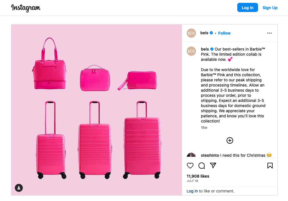 Pink Luggage, Barbie merch on Instagram