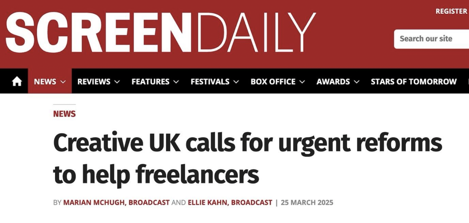 Screenshot from the website Screen Daily, with a headline reading, 'Creative UK calls for urgent reforms to help freelancers.'