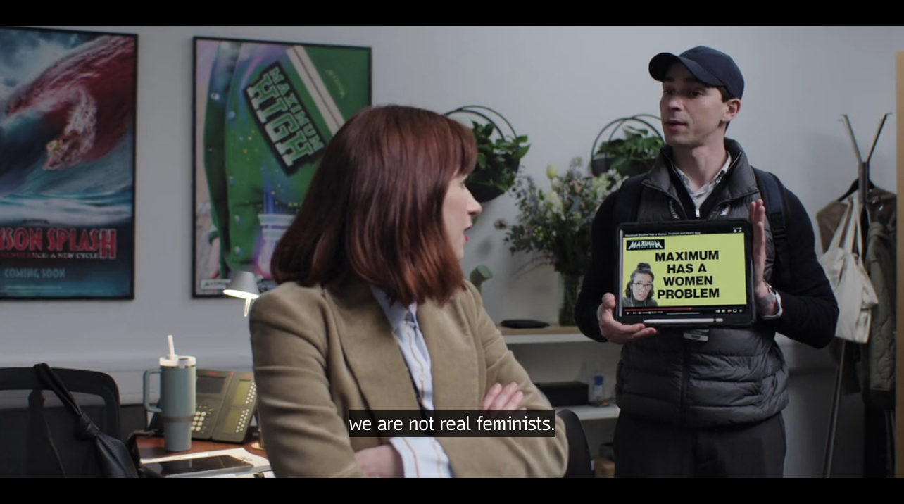 screenshot from The Franchise episode 3, producer Anita is told that fans are unhappy with the gender politics of the Maximum Studio films